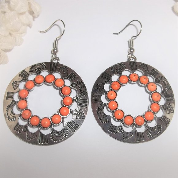 Fashion Jewelry Jewelry - Hoop Earring Orange Silver Southwestern Tribal Aztec Boho Style Drop Dangle A482